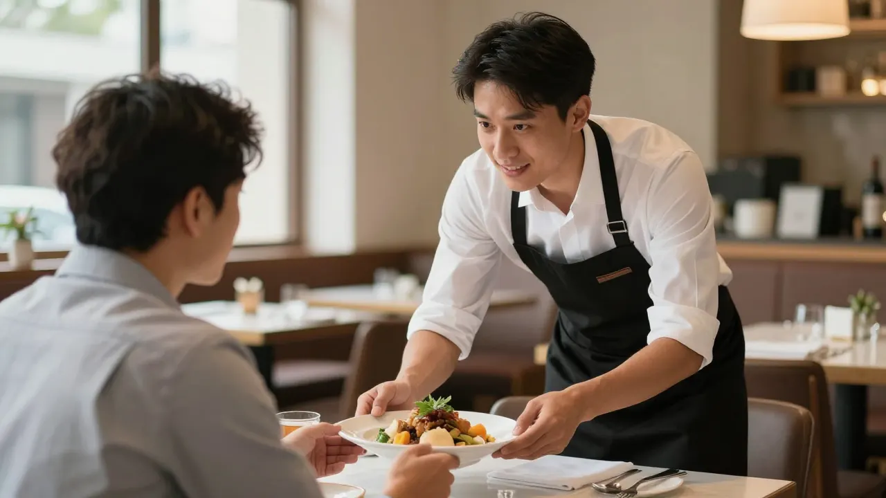 A waiter serving a dish and talking with a guest at the table
