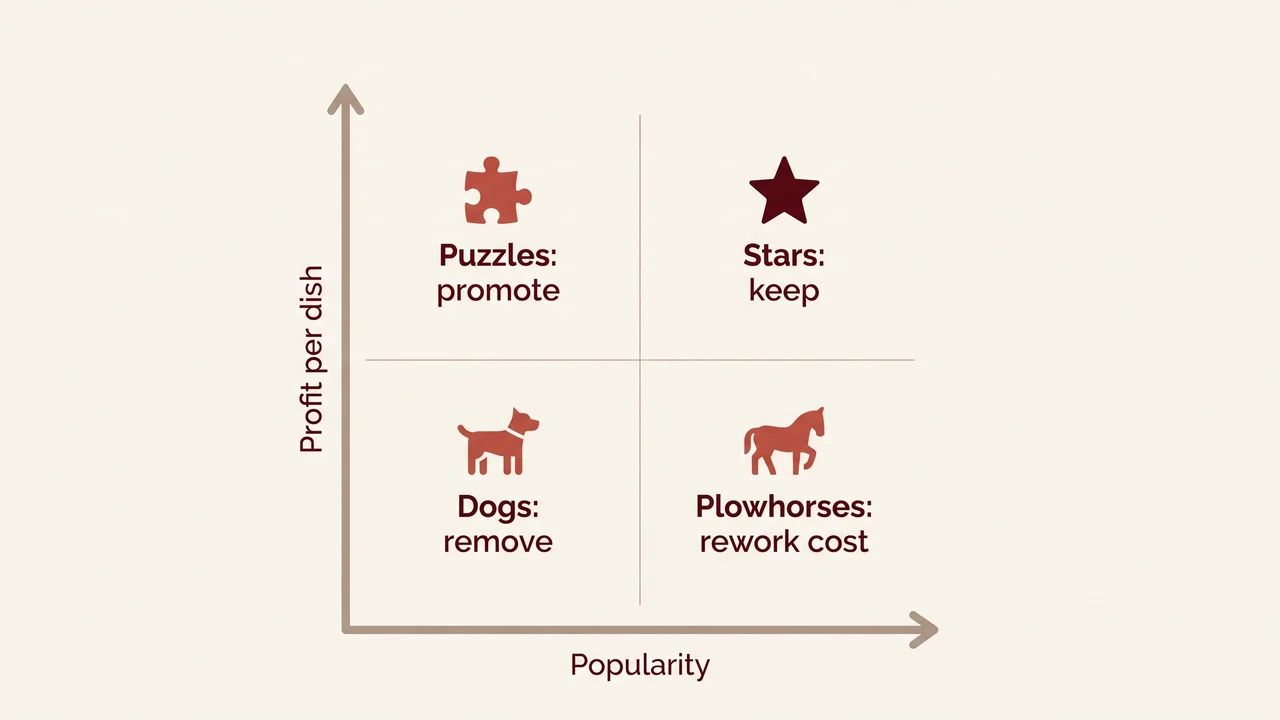 Menu engineering matrix: stars (keep), plowhorses (rework cost), puzzles (promote) and dogs (remove), by popularity and profit per dish