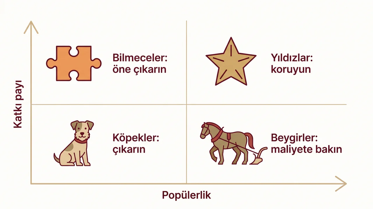 Menü mühendisliği matrisi: popülerlik ve katkı payına göre yıldızlar (koruyun), beygirler (maliyete bakın), bilmeceler (öne çıkarın) ve köpekler (çıkarın)