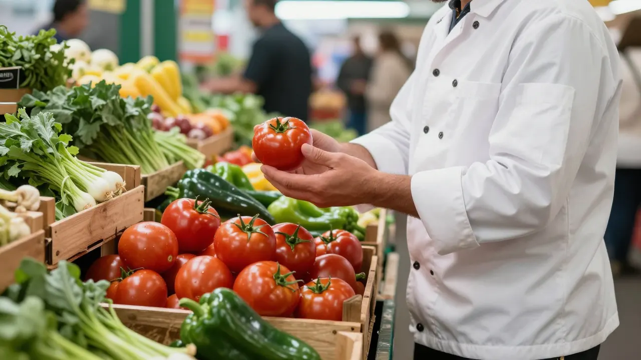 A chef checking tomatoes at a produce market