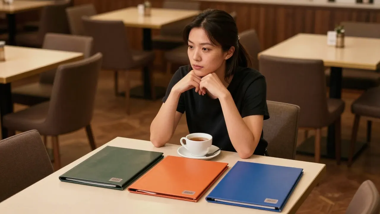 A restaurant owner at an empty table after closing, looking at three menu folders