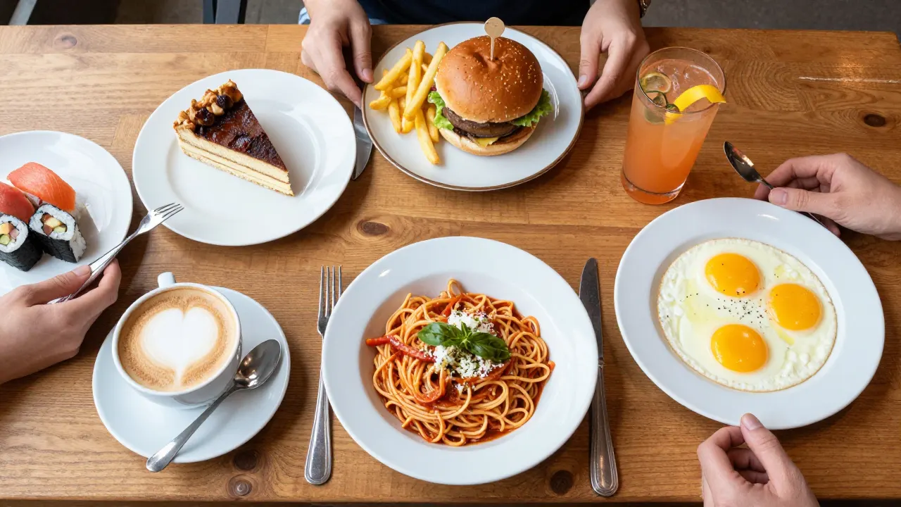 Dishes from different kinds of venues on one table: coffee and cake, a burger, pasta, sushi, eggs and a drink