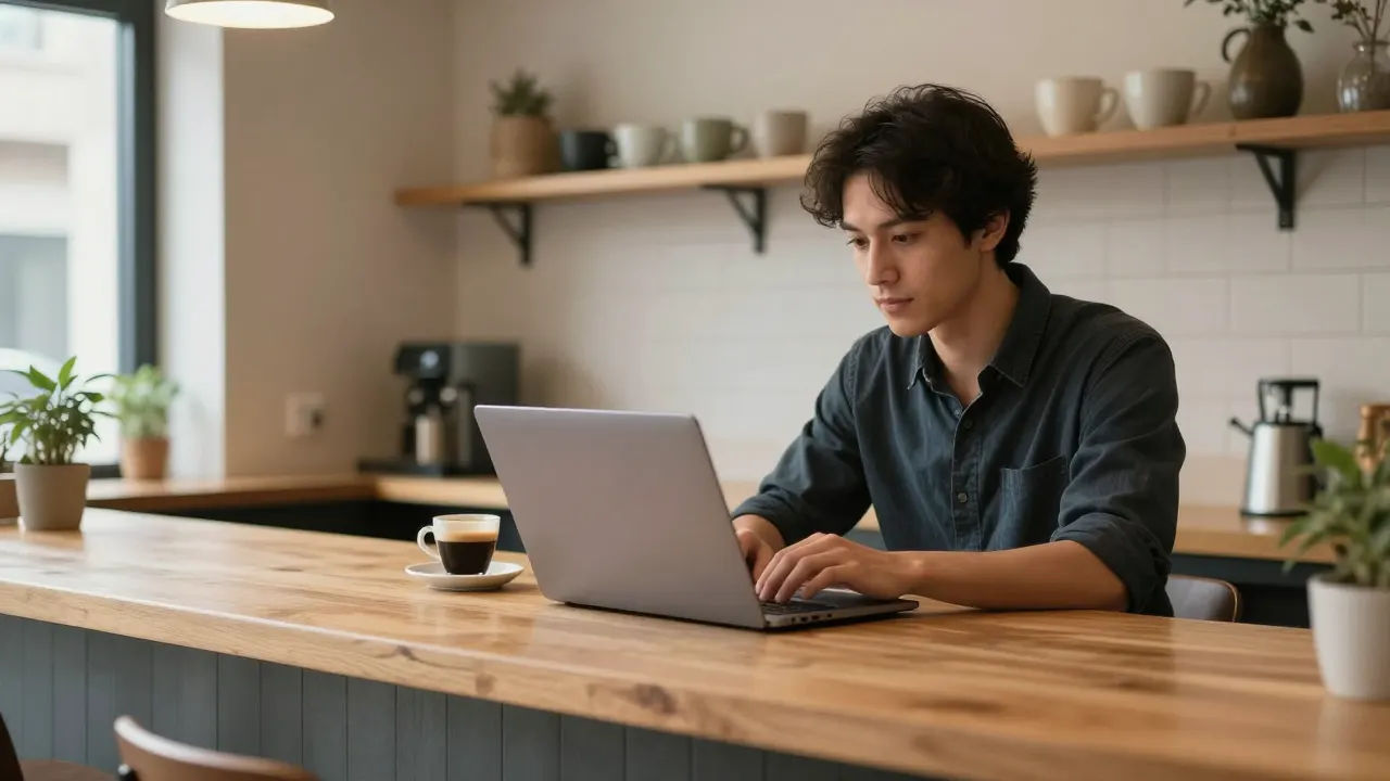 A café owner working on a laptop at the counter of an empty café