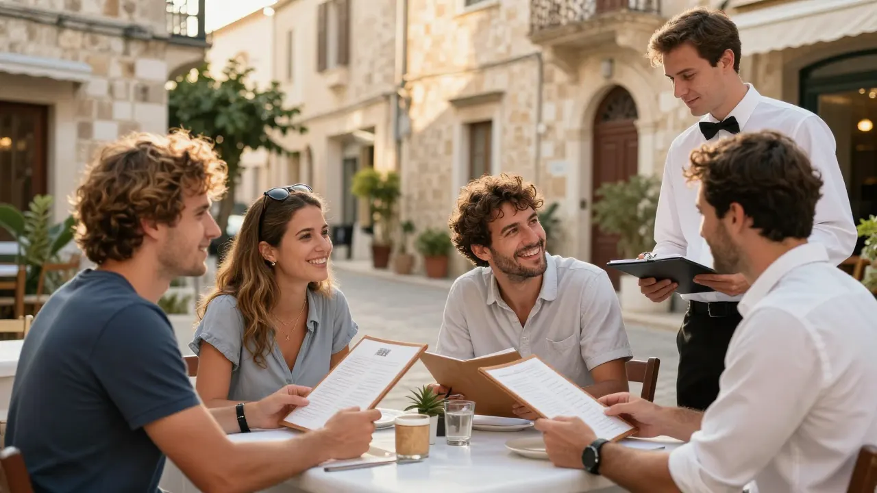 Travellers at an outdoor restaurant table reading menus as a waiter arrives