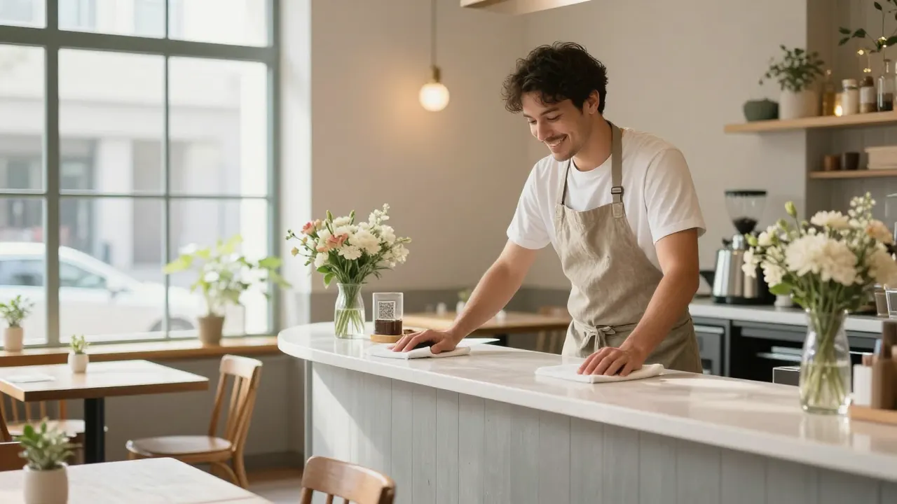 A bistro owner wiping the counter of a bright restaurant in the morning