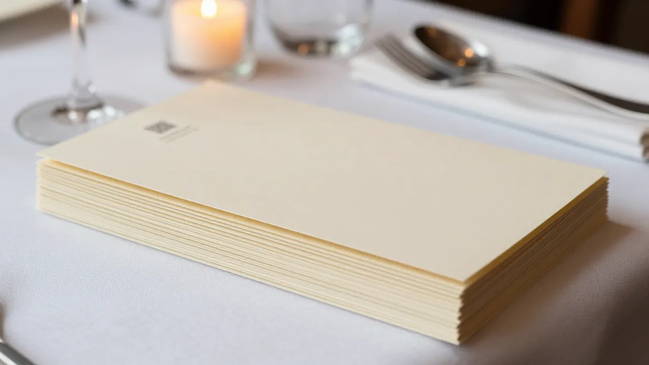 A stack of printed menus on a restaurant table beside glasses and cutlery