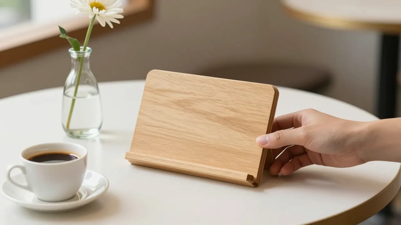 A hand placing a small wooden table stand on a café table