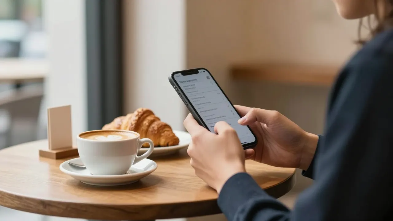 A guest at a café table reading the menu on a phone, next to a latte and a croissant