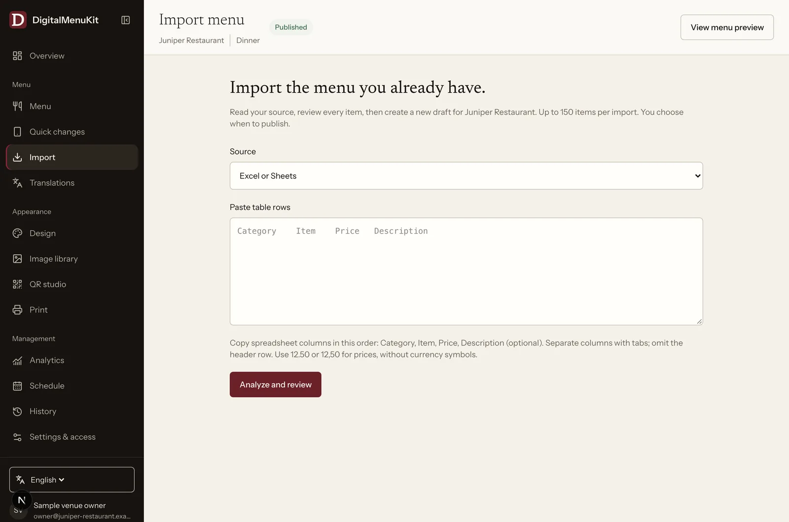 The import screen in the panel