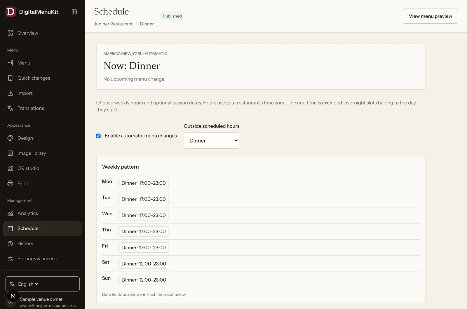 The schedule screen in the panel