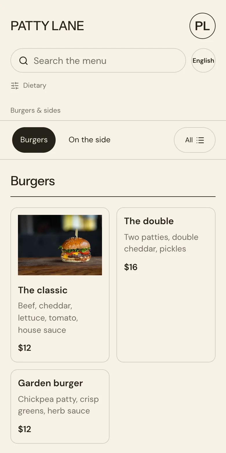 PATTY LANE — Burgers & sides