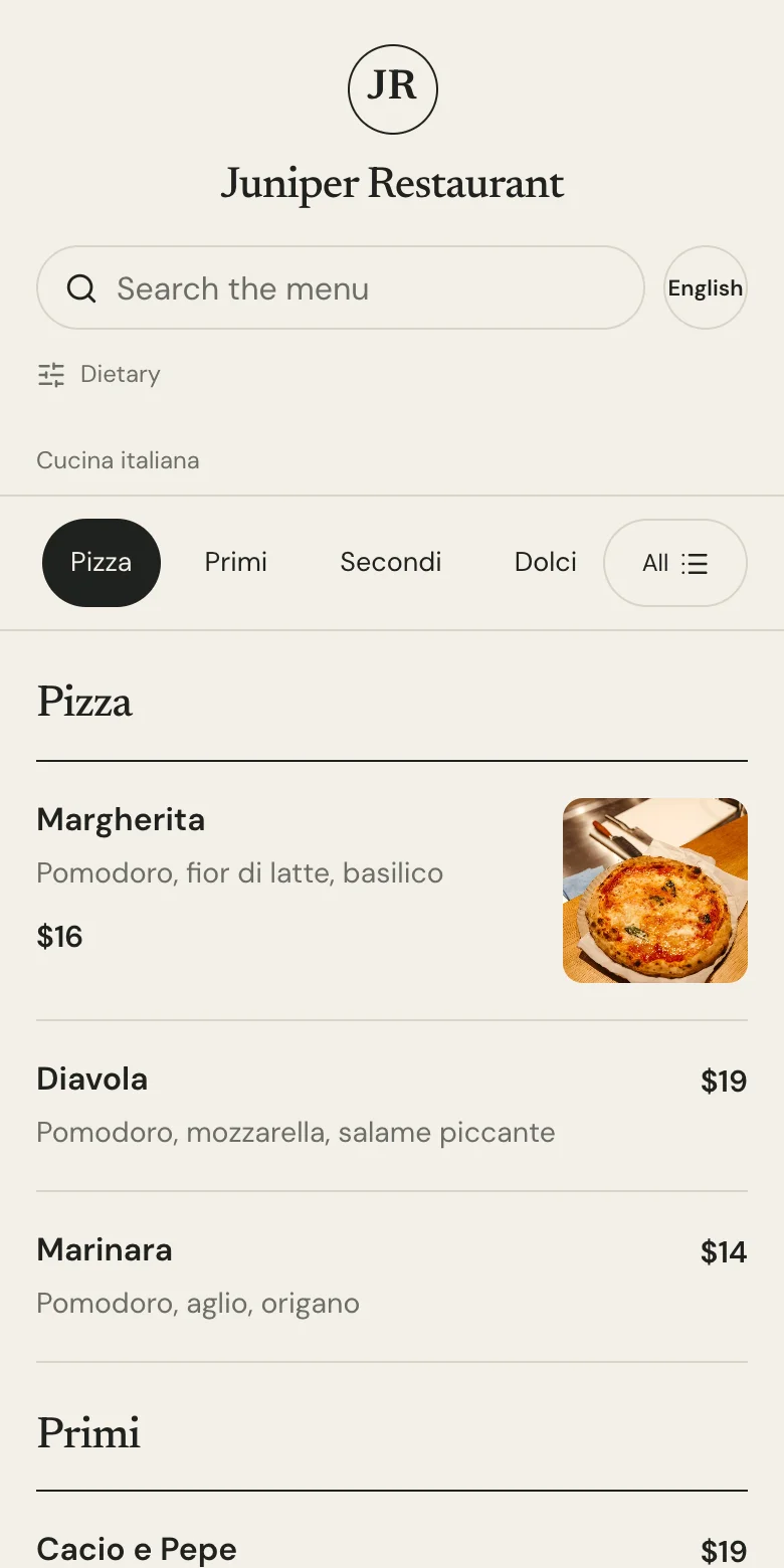 Juniper Restaurant — Cucina italiana